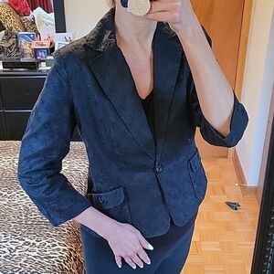 Elegant Black Linen Women's Blazer, Floral Eyelet Embroidery, 8